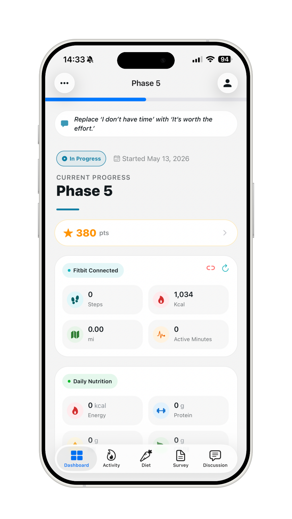 CanBeWell dashboard showing progress, Fitbit activity, and daily nutrition