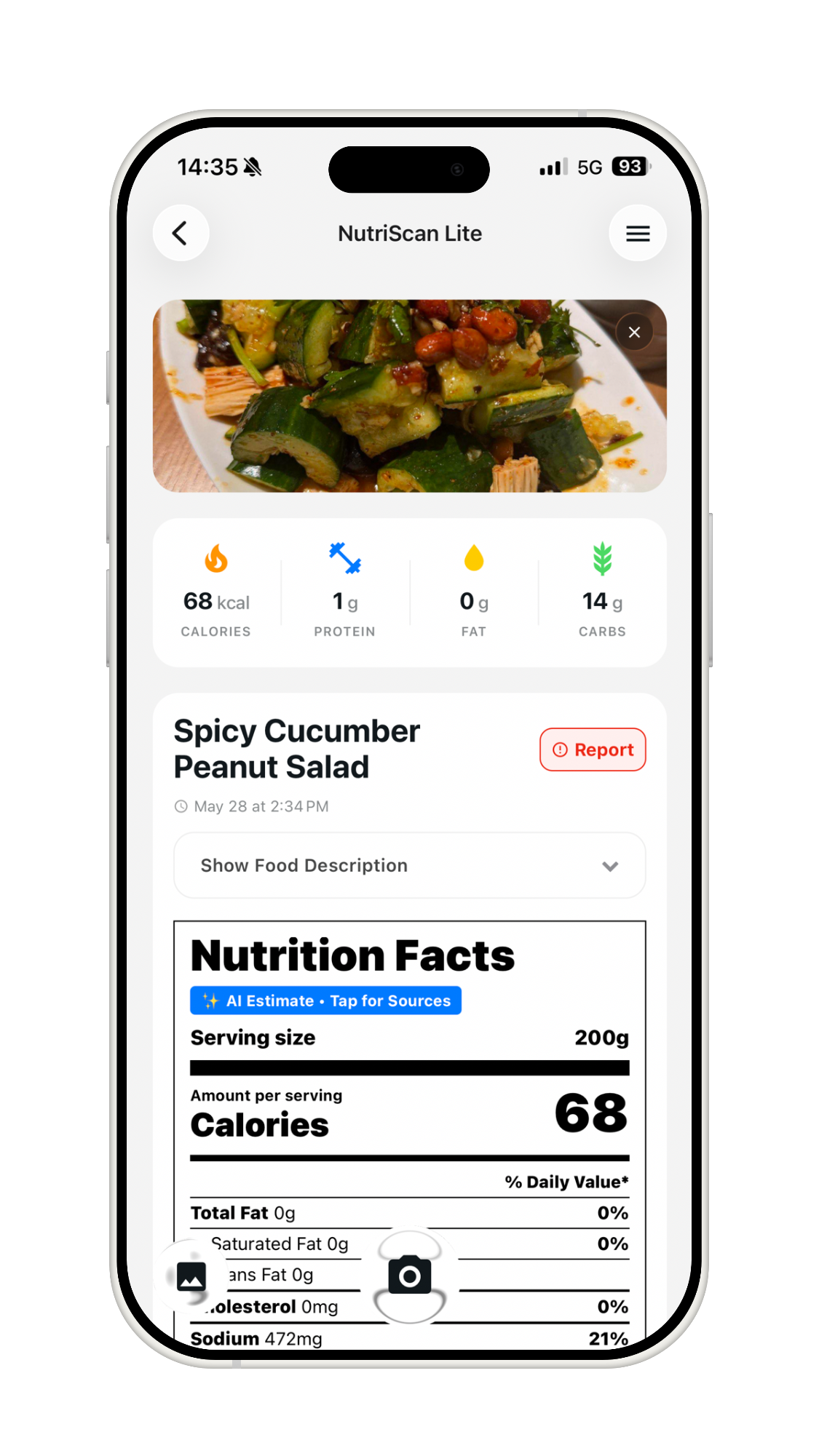 NutriScan Lite scanning a salad and showing nutrition facts