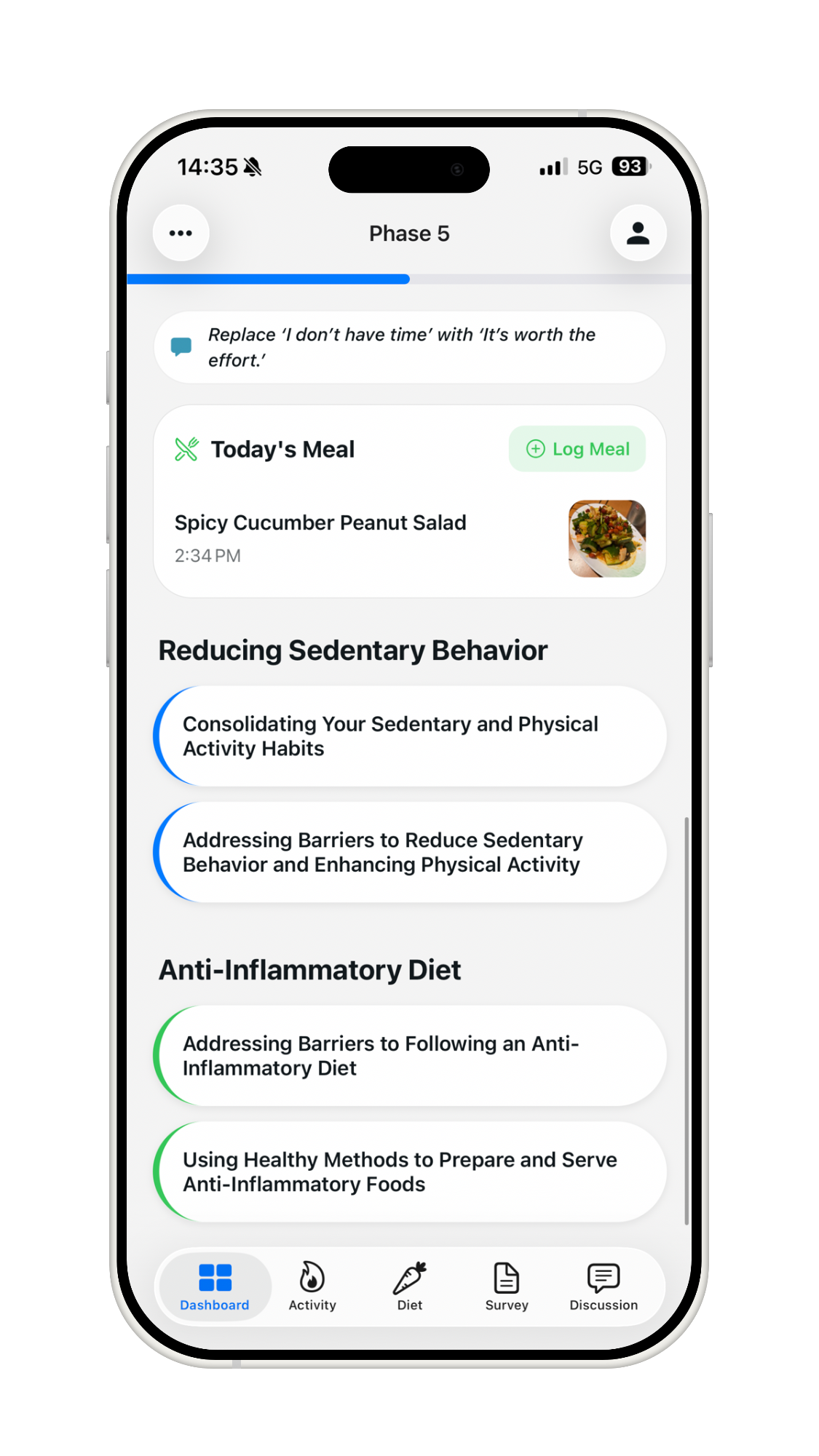 Dashboard with today's meal and personalized intervention sections