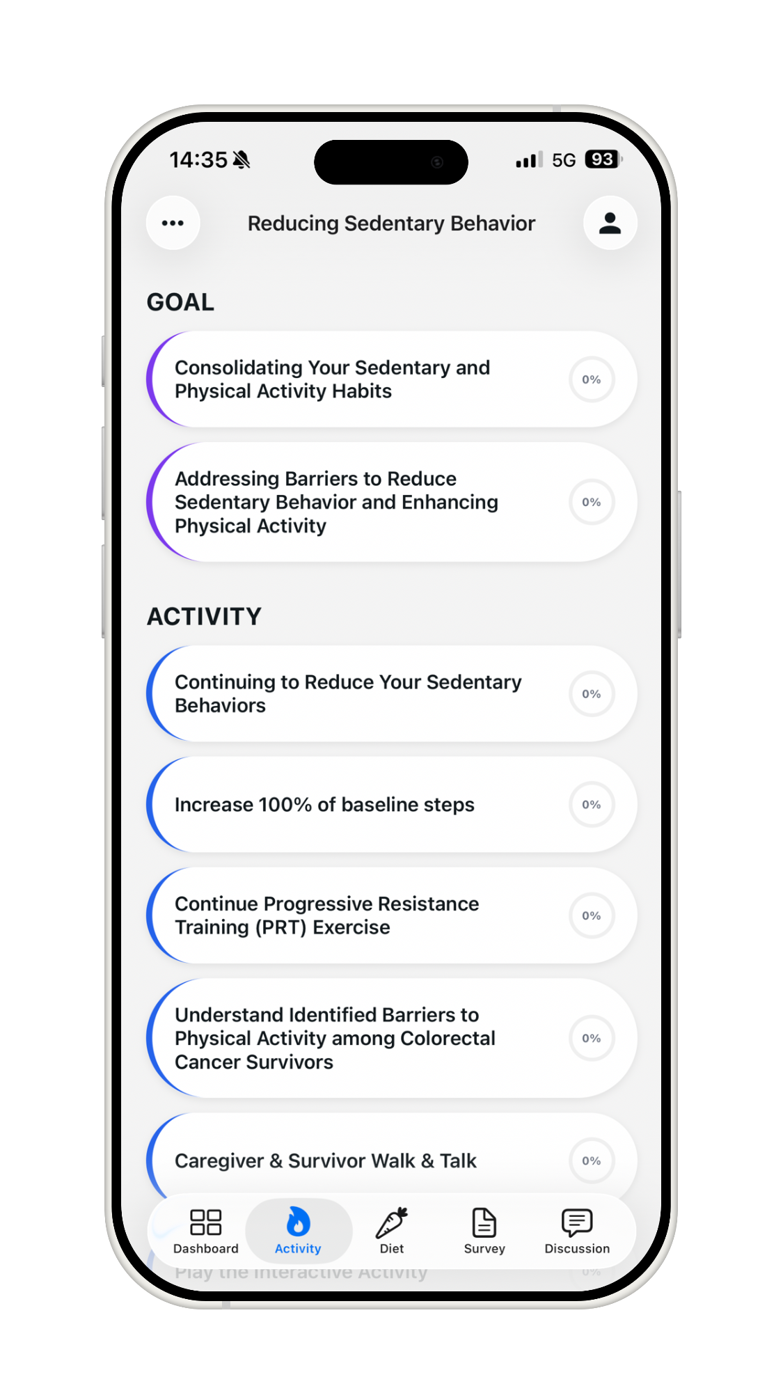 Reducing Sedentary Behavior screen with activity goals